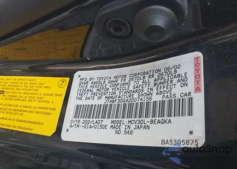 2002 Lexus Es z USA, uszkodzony, nr VIN JTHBF30G420074156